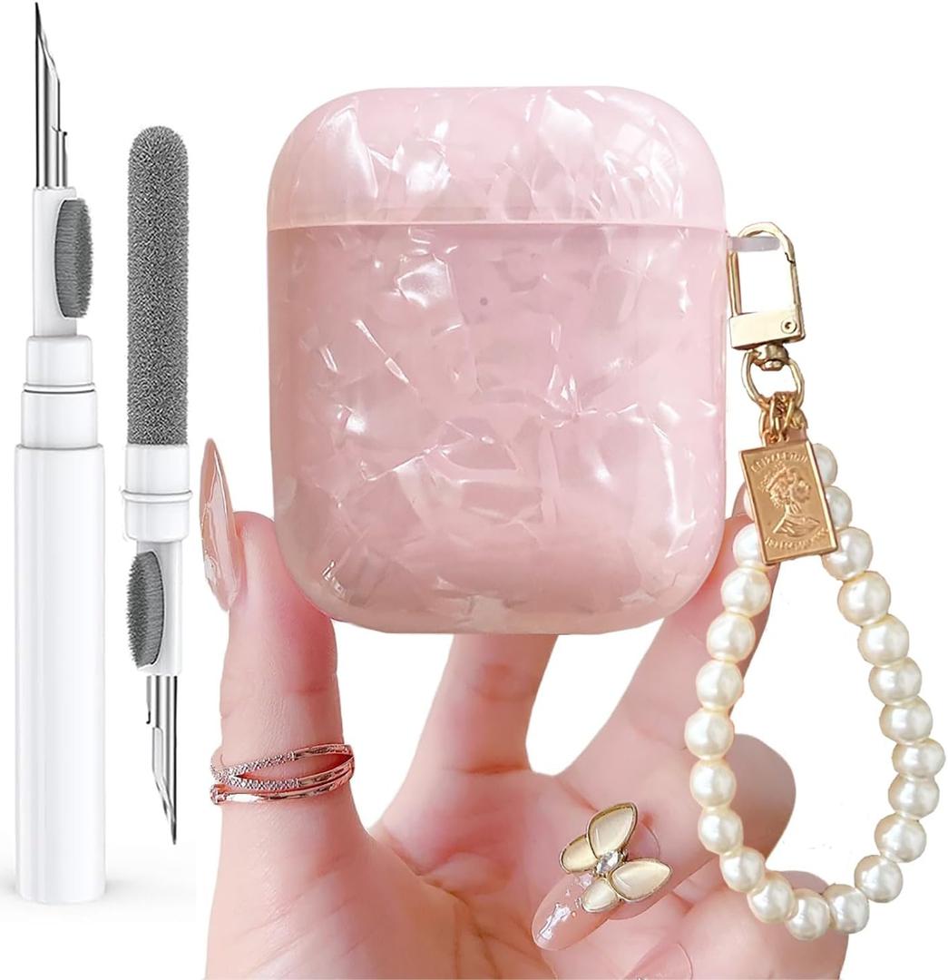 for Cute Glitter Airpods 2/1 Gen Case with Cleaner Pen,Shell Pattern Airpods 2nd/1st Generation Cover Protective Skin Girl Women with Luxury Pearl Keychain for Apple iPod 2nd/1st Gen - Pink