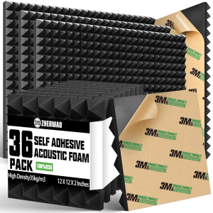 ZHERMAO 36 Pack Self-Adhesive Sound Proof Foam Panels, 2" X 12" X 12", High Density Acoustic Panels, Fire-Retardant, Pyramid Design, Sound Absorbs Studio Foam