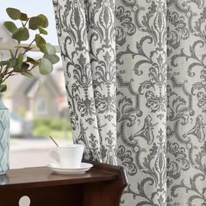 jinchan Linen Curtains for Bedroom Grey Damask Patterned Curtains 72 Inches Long for Living Room Light Filtering Vintage Baroque Style Drapes Grommet Window Treatments 2 Panels Set