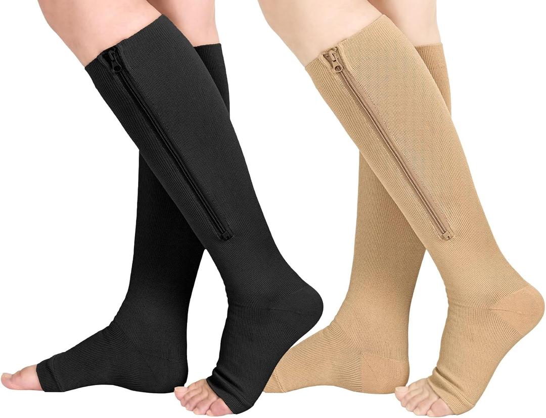 Athbavib 2 Pairs Compression Socks for Women & Men with Zipper 15-20 mmhg, Wide Calf Open Toe Plus Size Compression Socks Men, Knee High Compression Stockings for Flying Nurses Pregnant Women Travel (Large-X-Large)