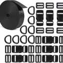 1 inch Buckle Strap Set with 10 Yards Nylon Webbing, 8 Pcs Metal D Rings, 8 Pcs Quick Side Release Plastic Buckles, 16 Pcs Tri-glide Slide Clip for DIY Backpack Replacement (Black)