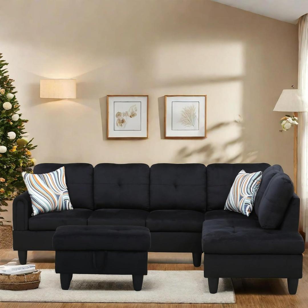 FONTOI L Shaped Sectional Couch with Otttoman, 97" Sectional Sofa for Living Room Flannel Modular Couches with Cup Holders for Bedroom, Apartments, Black