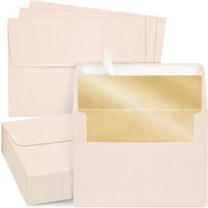 50 Pack Blush Pink 5x7 Envelopes for Invitations, Wedding, A7 Size with Bronze Lining and Self Adhesive Peel and Stick