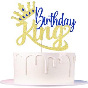 Glitter King Birthday Cake Topper,Boy Prince 1st 2nd 3rd 10th 13th 18th 21st 30th 40th 50th Birthday Cake Topper/Gender Reveal Party Decorations (Gold and blue)