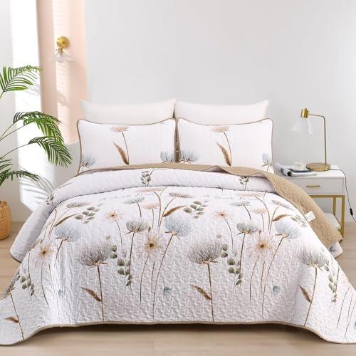 Dinjoy King Size Quilt Set Floral,3 Pieces Khaki/Beige Farmhouse Quilts Lightweight Fall Bedspreads Flower Pattern Coverlet Bed Set White Boho King Quilt Bedding Sets for All Season(110"x90")