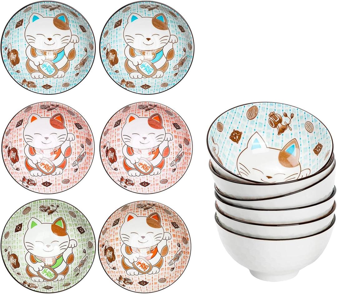 Japanese Lucky Cat Ceramic Bowl Set  4.5-Inch Porcelain Bowls with Fortune Cat Design, Perfect for Rice, Soup, Salad, and Snacks (Set of 6)