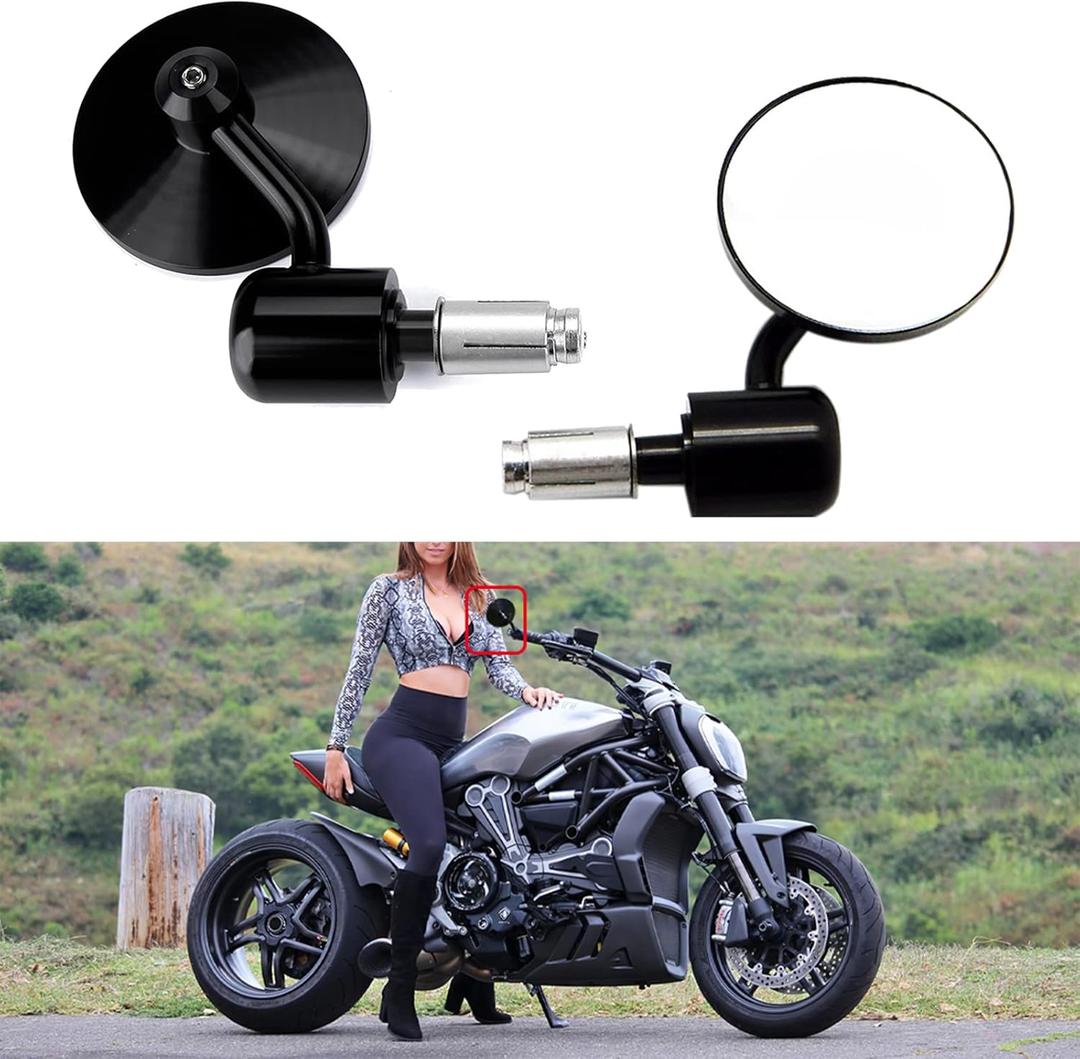 Motorcycle Handlebar Bar End Mirror, Rearview Mirror Universal 7/8" Handle Round Anti Glare, Compatible with Most Motorcycle, E-bike, Scooters, ATV, UTV (Black)