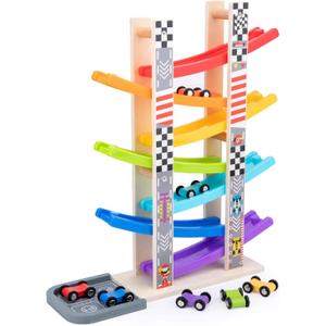 Wood City Toddler Toys for 1 2 3 Years Old, Wooden Car Ramp Racer Toy Vehicle Set with 7 Mini Cars & Race Tracks, Montessori Toys Craft Gift for Toddlers Boys and Girls