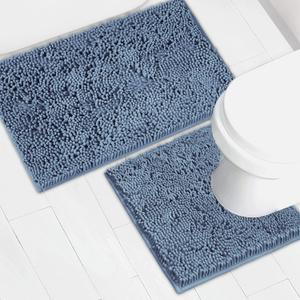 Bathroom Rugs Chenille Bath mat 2 Piece Set, Super Absorbent, Strong PVC Non Slip Backing, Bath mats for Bathroom, Plush Shaggy, Thick, Machine Washable, Bathtub, Toilet .(Medium Blue)