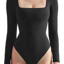 SUUKSESS Women Square Neck Long Sleeve Bodysuit Sexy Thong Bodysuit Shirts, S