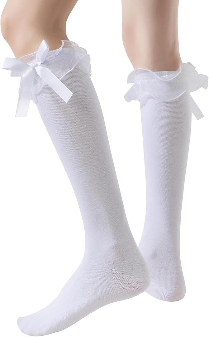 SEMOHOLLI Women Girl's Fashion Knee High Socks With Bow Lace Ruffle Trim Cute Cotton Socks (5-8, 2 Pairs-white)