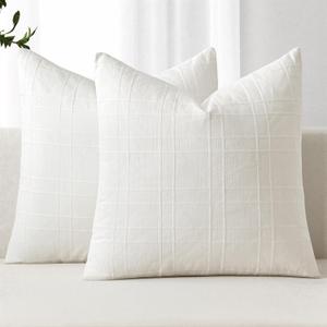 MIULEE Decorative Linen Check Throw Pillow Covers Neutral Farmhouse Vintage Pillow Covers 18x18 Set of 2 Boho Modern Home Decor for Sofa Couch Bedroom Cushion Cream White