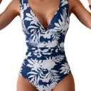 Eomenie One Piece Swimsuit for Women Tummy Control Plunge V Neck Bathing Suit Slimming Wide Straps Swimwear (Medium, Blue White Print)