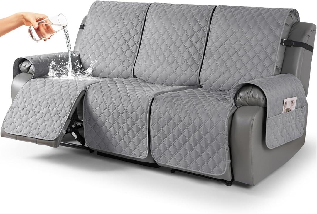 TAOCOCO 100% Waterproof Recliner Covers, Recliner Sofa Covers with Leg Straps, Reversible Recliner Couch Cover for Reclining Chair, Washable Couch Protector for Pets Kids(3 Seater, Light Gray)
