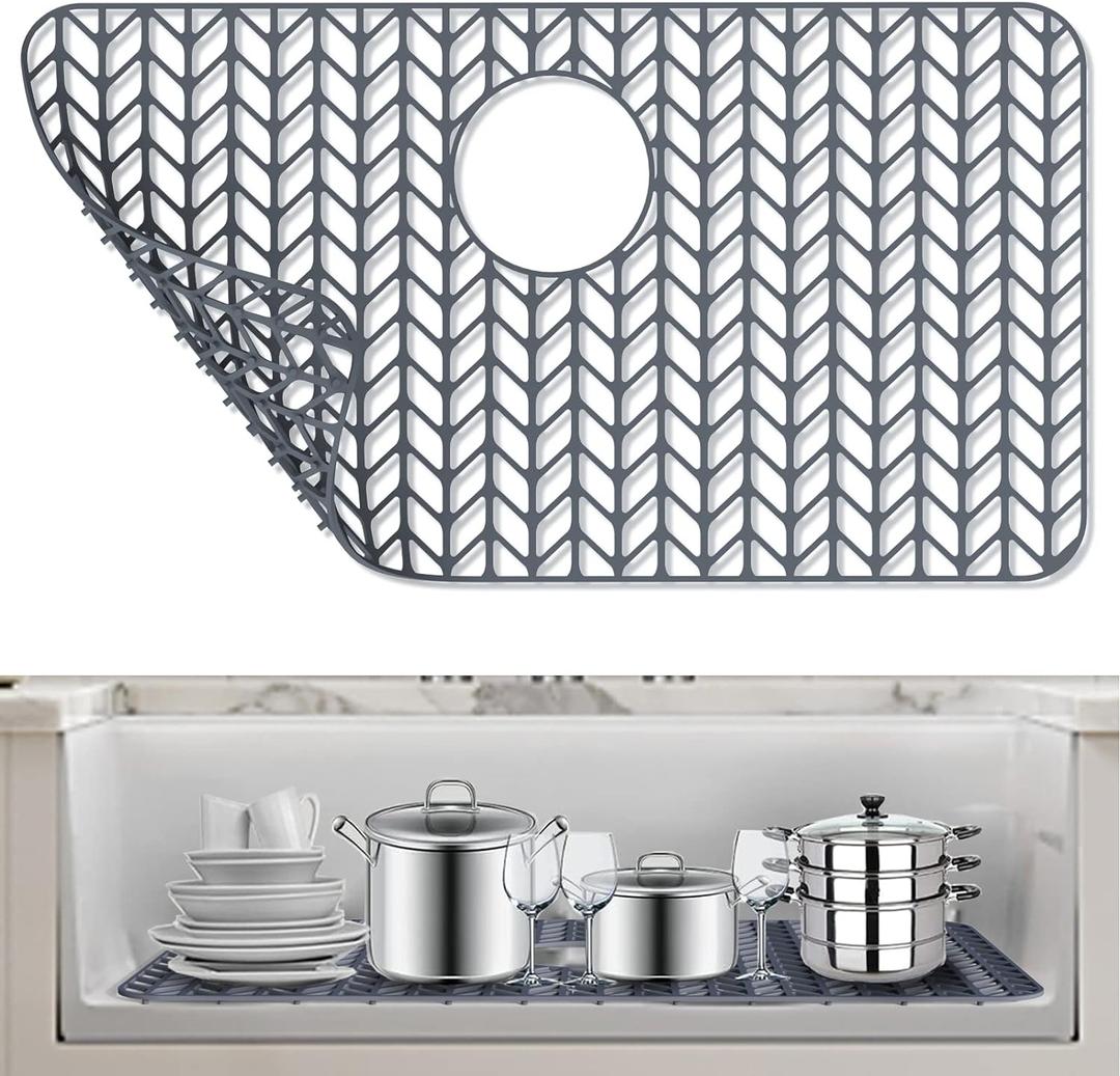 AWOKE Silicone Sink Protectors for Kitchen Sink, 26''x 14'' Folding Non-slip Sink Mat Grid, for Bottom of Farmhouse Stainless Steel Porcelain Sink with Rear Drain (Grey)