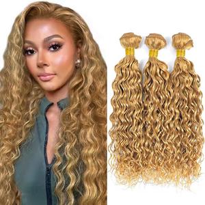 Honey Blonde Human Hair Bundles 30 32 34 Inch Water Wave Bundles Human Hair Unprocessed Native Virgin Hair 100/PC 3 Extensions #27 Blonde Color Curly Wet and Wavy Human Hair Extensions for Women