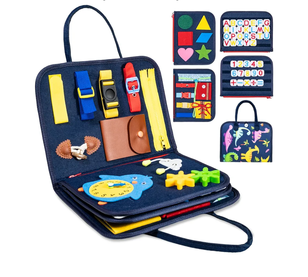 Gameporium Montessori Busy Board for Toddlers, DinosaurThemed Sensory Toy, Educational Airplane Travel Essentials Activity Book for Boys and Girls