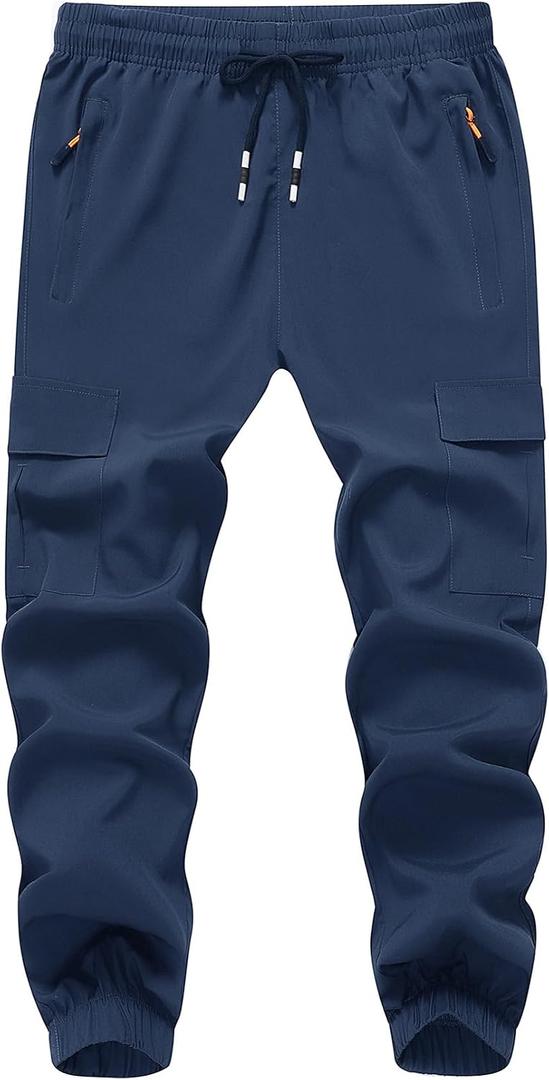 WaltZon Boy's Cargo Joggers Pants Youth Quick Dry Hiking Pull-On Lightweight Pants for Sports Outdoor with Zipper Pockets(Blue 10)