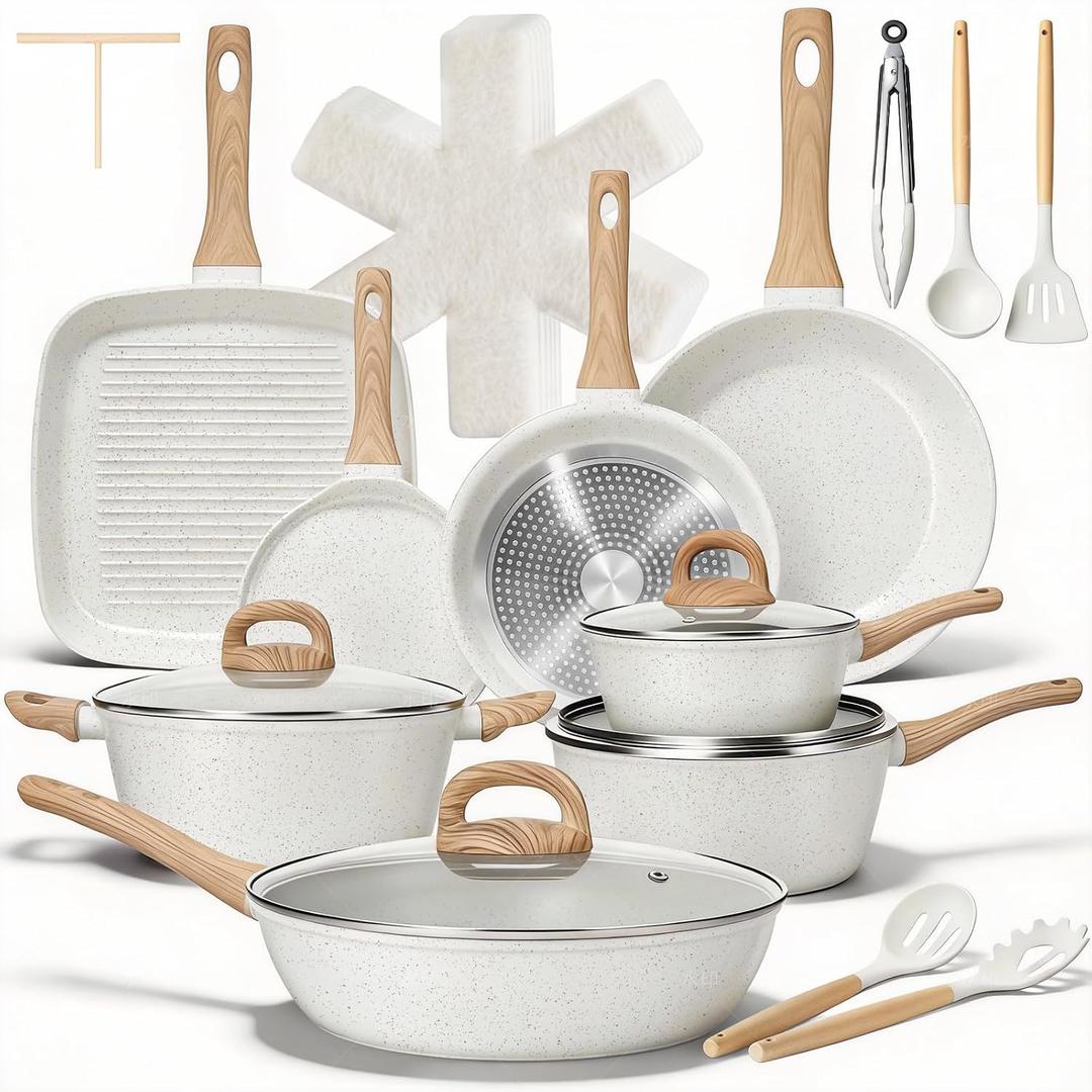 EWFEN 25 Pcs Pots and Pans Set, Nonstick Ceramic Cookware Sets, Healthy Non-Toxic, Large Capacity, Induction Compatible, Cooking Set with Frying Pans & Saucepans, PFAS/PTFE/PFOA Free, Cream White, 25-Piece