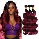 Body Wave Human Hair Bundles Color T1B/99J Ombre Black to Burgundy 26 28 30 Inch Brazilian Virgin Remy Hair Extensions 12A Grade 3 Bundles Bouncy Wavy Weave for Black Women