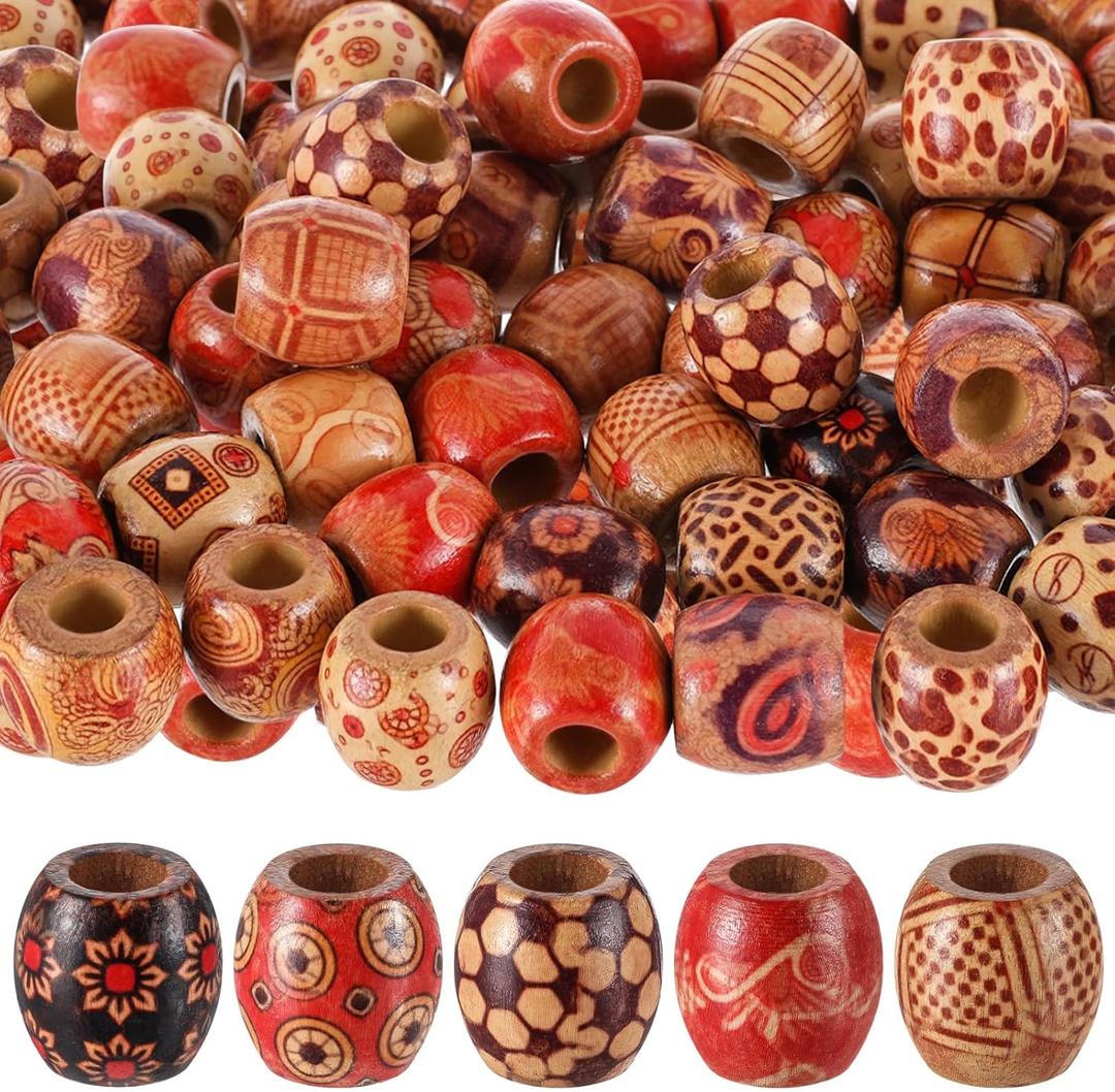 WILLBOND 130 Pieces Macrame Wooden Beads 10mm Hole Loose Beads with Hole for Macrame Making Kits Supplies Jewelry Bracelet Making Hair DIY Craft Handmade Decor(Mix Color, Pattern)
