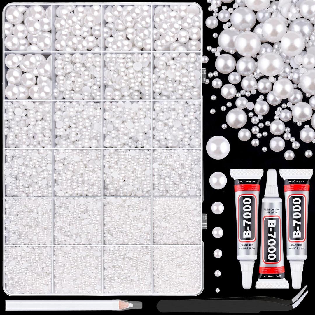16500Pcs Flatback Pearls for Crafting (White), Assorted Size 2/3/4/5/6/8/10mm Half Pearl with 3Pcs 10ml B7000 Jewelry Glue, Bedazzling Kit for DIY Crafts Clothing Tumbler Shoes Embellishment Nail Art