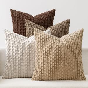 MIULEE Throw Pillow Covers Soft Couch Decorative Set of 4 Boho Striped Cushion Covers Corduroy Pillowcases Farmhouse Accent Home Decor for Couch Bed Sofa Living Room 18x18 Inch Brown