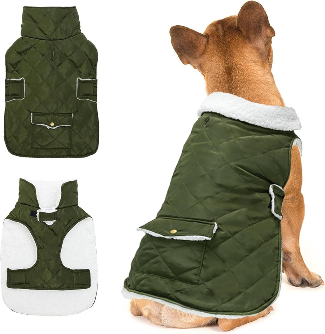 Dog Winter Coat - Windproof Fleece Warm Thick Dog Jacket Clothes for Cold Weather - Green Pet Vest Coat Outfits for Dogs - Indoor & Outdoor Use, Small