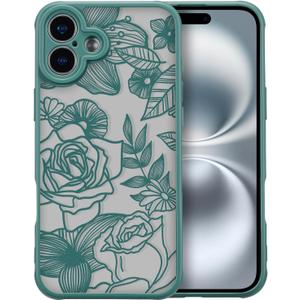 XIZYO for iPhone 16 Plus Case, Floral Rose Cute Phone Case for Women Girls Aesthetic Pattern Print Slim TPU Bumper Shockproof Protective Cover for iPhone 16 Plus 6.7 Inch, Deep Green
