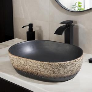 19 Inch Stone Bathroom Sink Basin with Waterfall Faucet and Pop-up Drain Combo,Tan Travertine Vessel Sink Above Counter Hand-Carved Oval Bathroom Vessel Sink Bowl