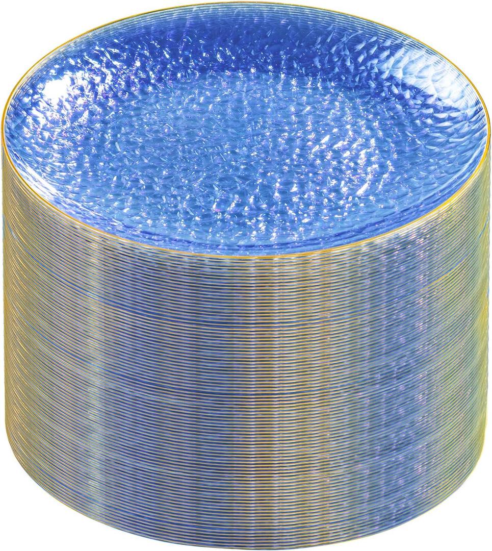 Rubtlamp 60 Pieces Blue Gold Plastic Plates - 10 inch Blue Plastic Dinner Plates - Hammer Pattern Design - Fancy Clear and Gold Disposable Plates Ideal for Wedding & Party