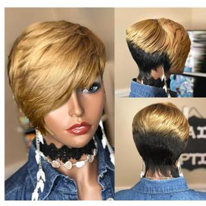 Short Human Hair Wigs for Black Women Short Blonde Bob Pixie Cut Wig Human Hair Short Wigs Human Hair Natural Straight Pixie Wig with Bangs Ombre Blond 1b/27# 8inch