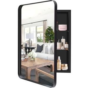 17" x 25" Black Bathroom Medicine Cabinet with Mirror, Recessed Medicine Cabinet with Round Corner & Aluminum Alloy Framed, Surface Mount Storage Cabinet for Bathroom | 2 Adjustable Glass Shelves