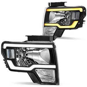 DWVO Headlights Assembly Compatible with 2009 2010 2011 2012 2013 2014 Ford F150 Headlamp with Led DRL Replacement Pair Driver and Passenger Side Black Housing Clear Reflector (Only fit 3 Pin Plug)