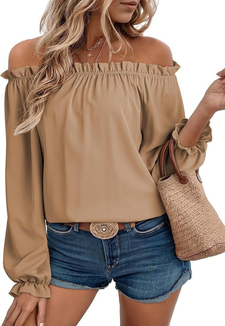 EVALESS Country Concert Outfits Off The Shoulder Tops for Women Cute Puff Sleeve T Shirts Women's Fashion Clothing 2025 (X-Large, Khaki)