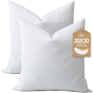 DWR Set of 2 Feather Down Throw Pillow Inserts 20x20 with Organic Cotton Cover, Feather Square White Decorative Pillow Inserts for Bed, Sofa, and Couch