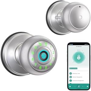 Fingerprint Door Lock - Smart Door Knob with Passcode Keypad, Finger Print Biometric Door Knobs & App Control, Keyless Smart Door Lock for Apartment Bedroom Hotel Office (Silvery)