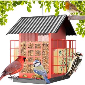 Bird Feeders for Outdoors Hanging, Metal Bird Feeder with Double Suet Cage Cake, Large Capacity, Birdfeeders Sturdy & Weatherproof, Easy to Clean & Refill, Great for Attracting Wild Birds (Red)