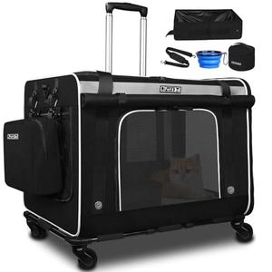 Petskd Extra Large Cat Carrier with Wheels and Litter Box, 24"x17"x17" Rolling Soft Carrier Until 55LBS Pets with 5 Breathable Mesh Windows and Locking Zippers for Long Distance Car Travel(Black)