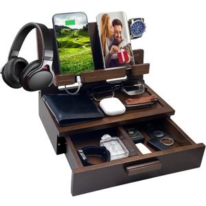 Gifts for Men Women Him Husband Son Boyfriend Birthday Nightstand Organizer Wood Phone Docking Station Birthday Gifts (Deep Walnut)