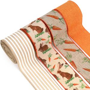 LaRibbons Easter Ribbon Wired 4 Rolls 2.5 Inch x 24 Yards TTL, Orange Carrot Bunny Ribbons for Baskets, Striped Wide Easter Ribbon for Crafts Spring Wreath Gift Wrapping Bow Decoration