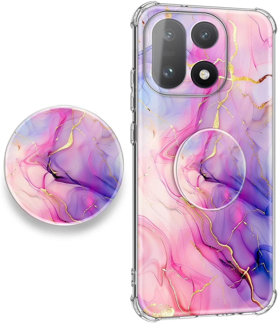 EMUYGIU for oneplus 15 Case 5G [Buffertech Military-Grade Drop Protection] [Anti Peel Off Tech] Clear TPU Marble and Flowers Bumper Phone Case Cover Design (Pink Gold with Holder)