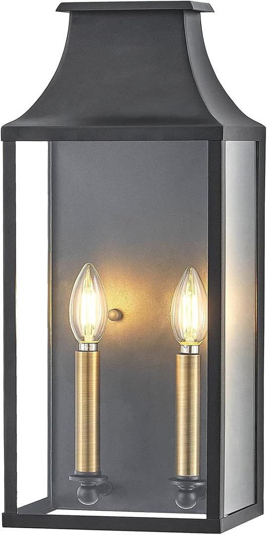 18" Medium Classic Outdoor Wall Light, House Exterior Sconce Lantern Handcrafted Satin Black Iron Cage,Clear Tempered Glass,Waterproof Wall‑Mounted for Porch,Front Door,Patio,Garage,Entryway, E12