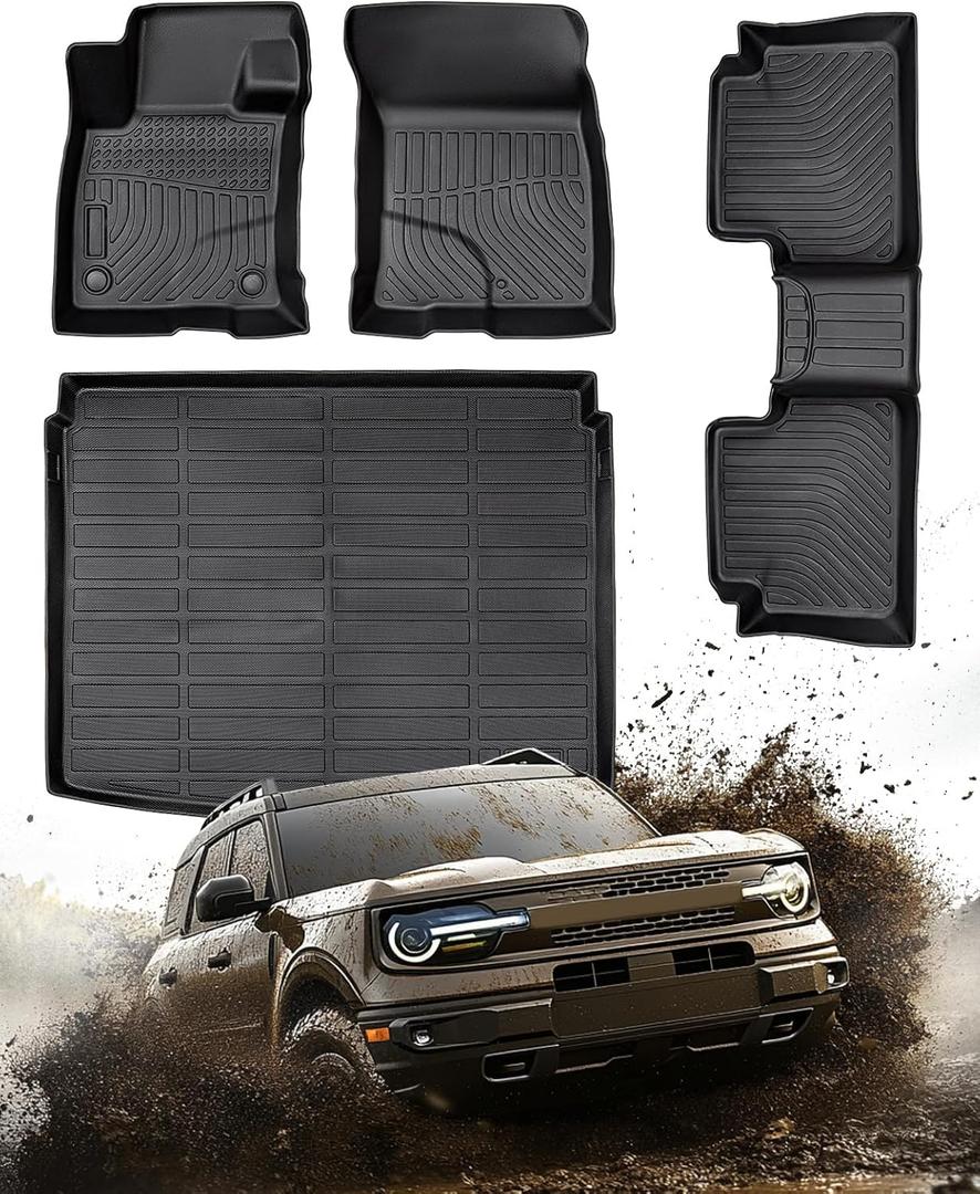 DiffCar® Floor Mats for Ford Bronco Sport: 2021 2022 2023 2024 2025 (only for Sport), All Weather TPE Car Accessories for Bronco Sport 2021-2025 Black Floor Mats & Trunk Liner (w/Full Size Spare Tire)