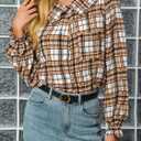 Tankaneo Womens Peter Pan Collar Button Down Shirts Long Sleeve Plaid Blouse Dressy Casual Fall Tops (L, Brown)