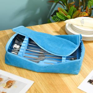 Zippered Flatware Storage Drawer Liner Silverware Storage Bag Tarnish Preventative Silver Organizer Cutlery Case Container Box Large Capacity Silverware Chest 15.75" x 11.02" x 3.94", Blue 