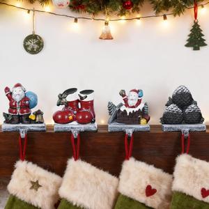 Stocking Holders for Mantle  3D Christmas Stocking Holder Heavy Duty Cast Iron Garland Hangers for Mantel with Non-Slip Base | Xmas Decor, Sturdy Fireplaces Hook (Set of 4)