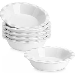 MALACASA Ceramic Mini Pie Pans Set of 6, 6 Inch Pie Plates for Baking with Ruffled Edge, Small Quiche Baking Dish Pans Tart Pans, Individual Pot Pie Plates, Microwave & Oven Safe, White