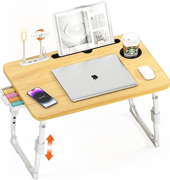 Laptop Desk for Bed Height Adjustable, Lap Bed Table with USB/Storage Drawer/Cup Holder/Tablet Stand/Book Shelf, Foldable Breakfast Tray Portable for Reading Writing, Sofa & Floor, Wood 