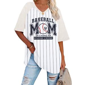 Baseball Mom Shirts for Women - Oversized V Neck Baseball Jersey Shirt Stripe Graphic Print Casual Tops Tees (Pink, L)